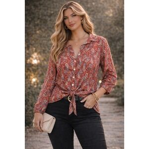 Bloomfield Top Womens L Orange Paisley Boho Peasant Cottagecore Textured Floral